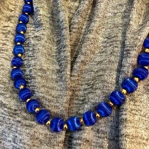 Rare Satin beaded necklace beautiful blue satin covered beads Vintage